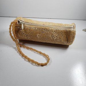 Bijoux Terner Small Beaded Barrel Wristlet Purse Amber Colored Beads W/ Zipper